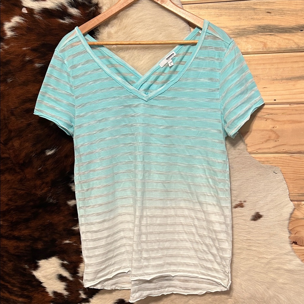 EUC Sonoma Aqua and White Hombre Striped V-Neck Tee